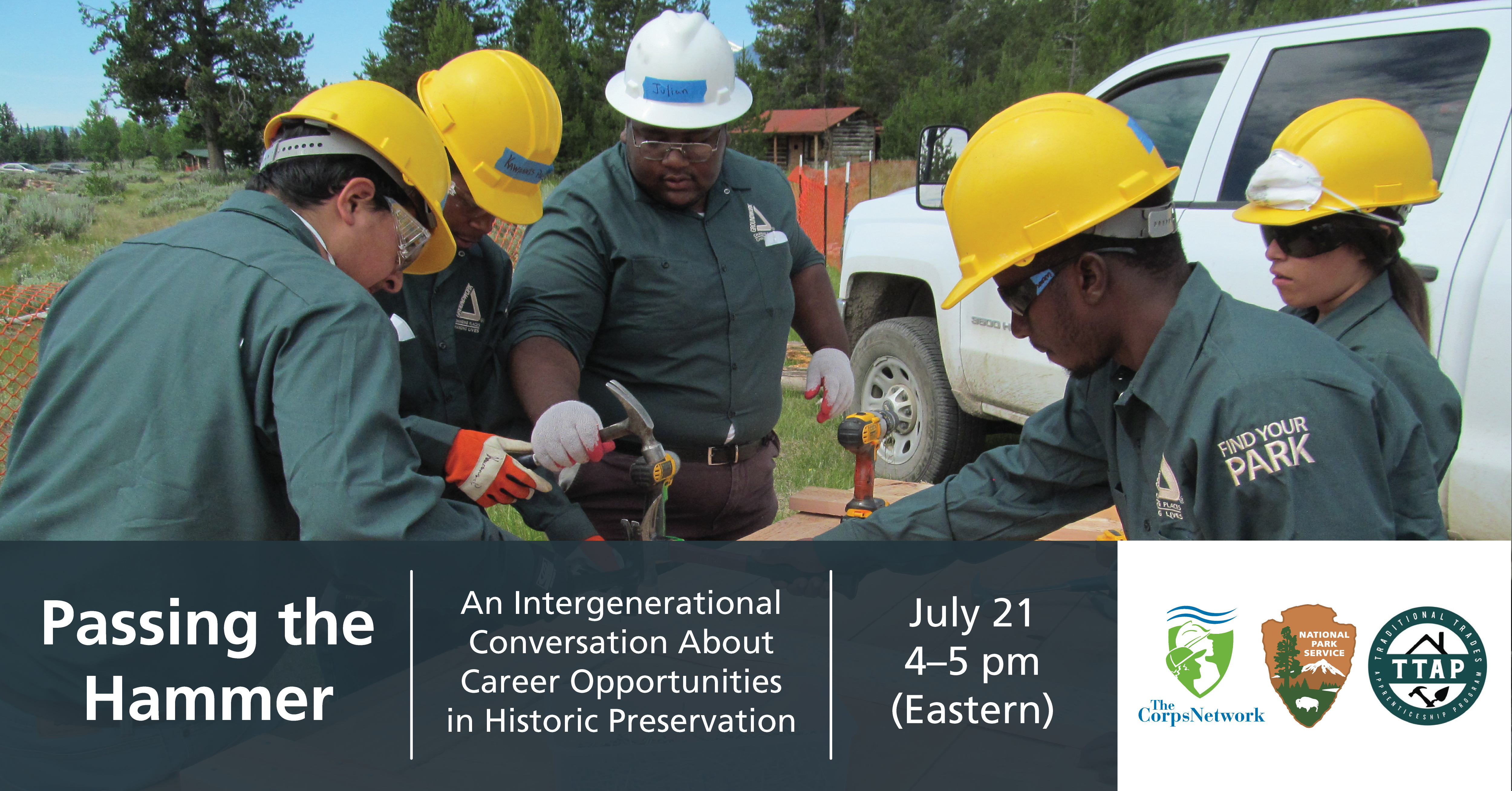 NPS interns working together Pass the Hammer Event flyer