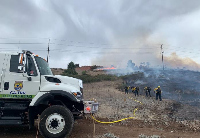 FWS engine with Wildland Firefighters in background