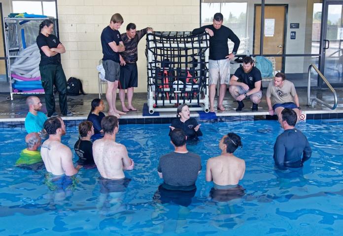 Group of individuals being instructed in a pool