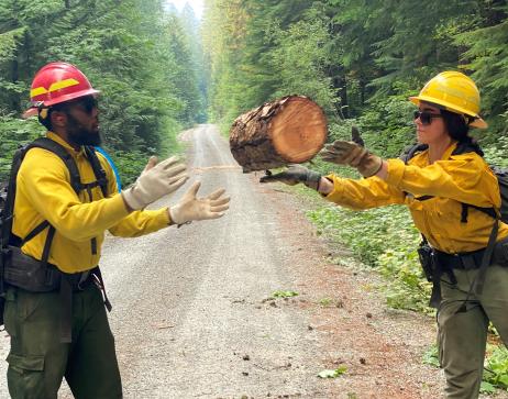A firefighter tosses a log to another firefighter